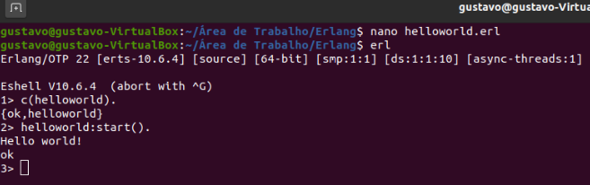 Exemplo 2: Execução de código Hello World em erlang